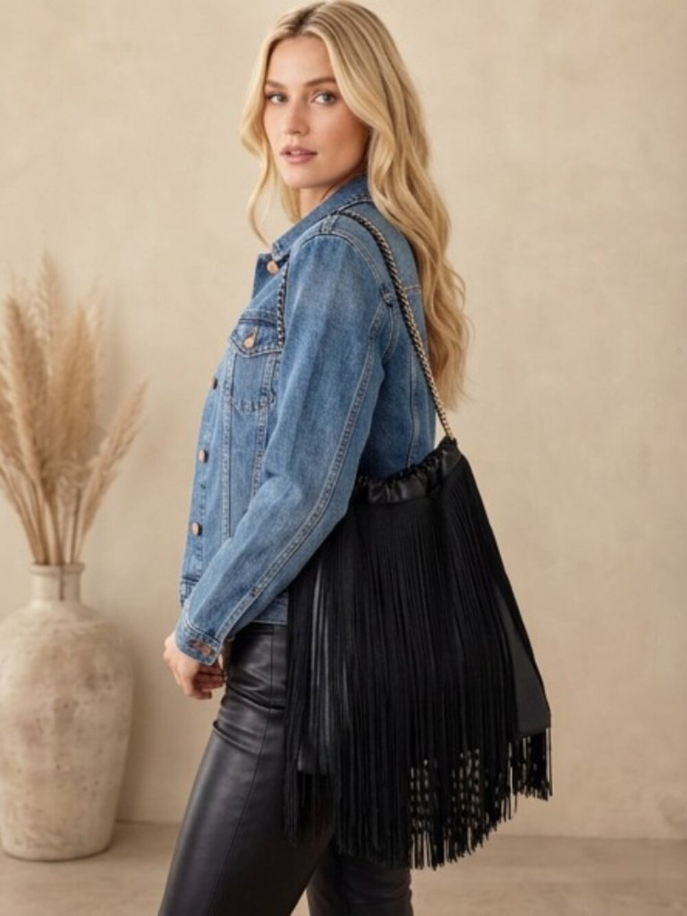 Zara Black Boho Fringe Shoulder Faux Leather Bag